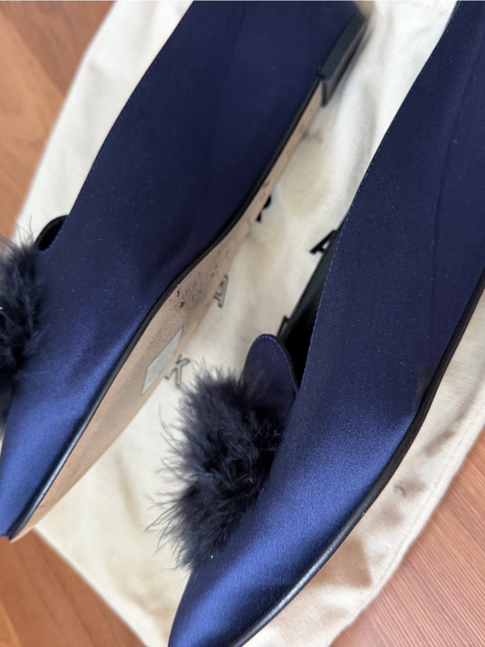 Trademark Navy Satin Feather Mules - Picture 3 of 9